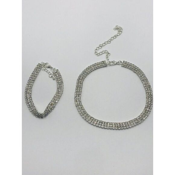 Triple row clear rhinestone chocker bridal event party necklace braceletset read - Picture 3 of 8
